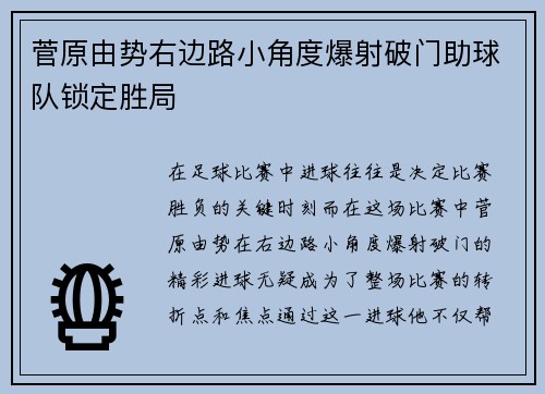 菅原由势右边路小角度爆射破门助球队锁定胜局